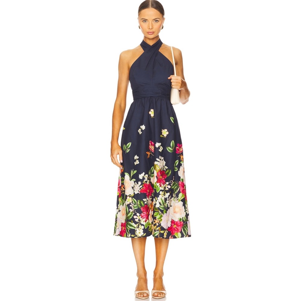 Yumi Kim Midi Dress Navy Floral Halter Neck Tie Back